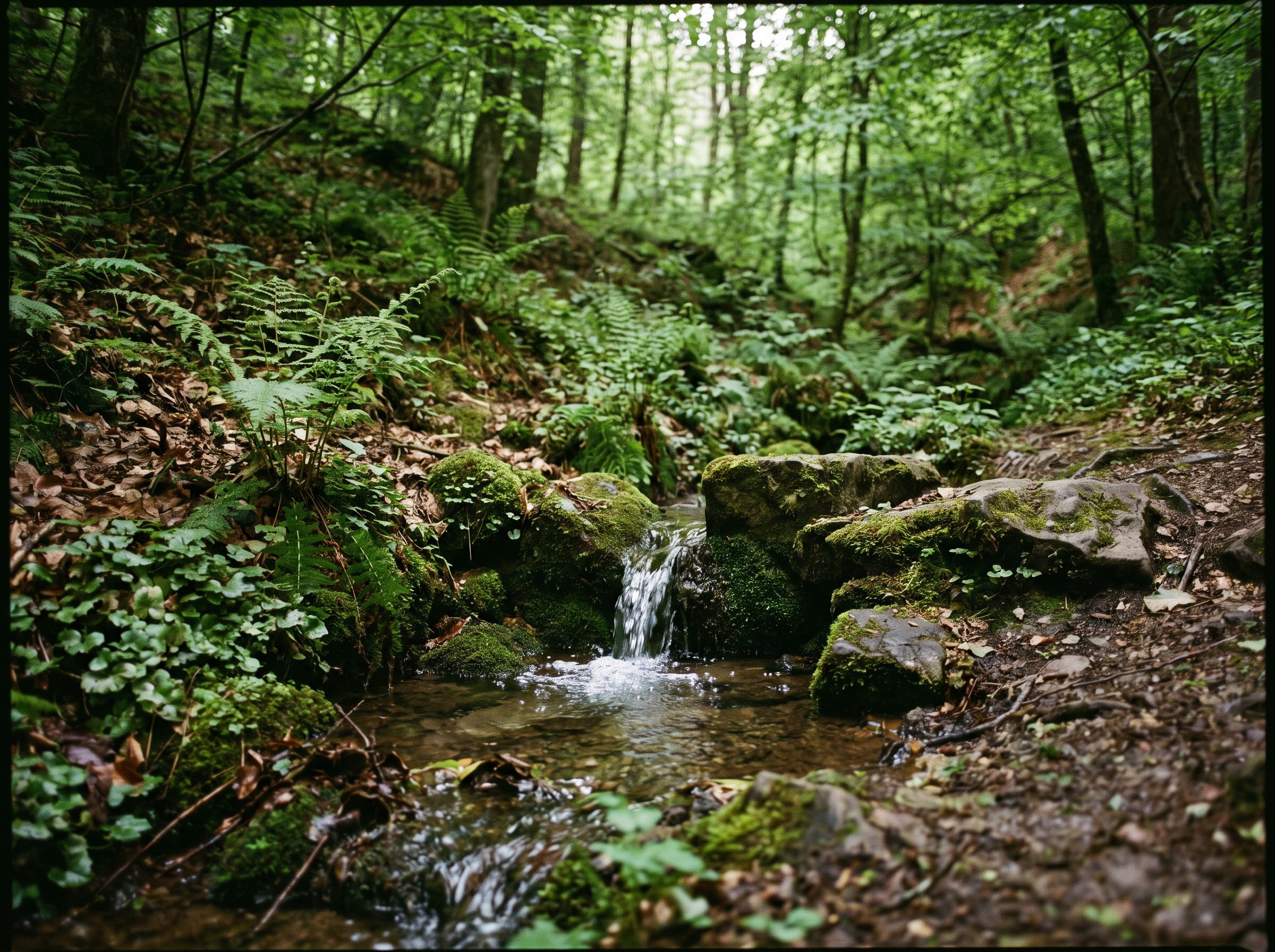 A small forest spring in the wooded hillside near the project site